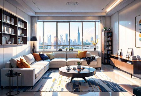 ((front view)), Shallow scene, ((animation style)), modern-style interior, with white walls, (large windows), a  study, Sofa, coffee table, bookcase, single wall, 
warm light morning sun, ((City high-rise building scenery)), (clear sky)
