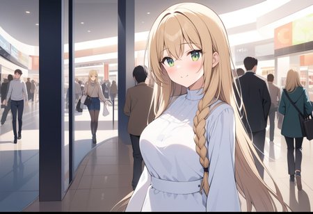 (extremely detailed CG unity 4k wallpaper),(masterpiece),(best quality),(ultra-detailed),(best illustration),(best shadow),(absurdres),(detailed background), (high res image), (High image quality),(Looking at the front),(looking at the audience),(Upper Body),
（A cute white dress,）
1girl, solo, 
Blush, smile,
long hair, Large breasts,
Braided long hair, blonde, Green eyes,
They walk and chat amicably in the shopping center.