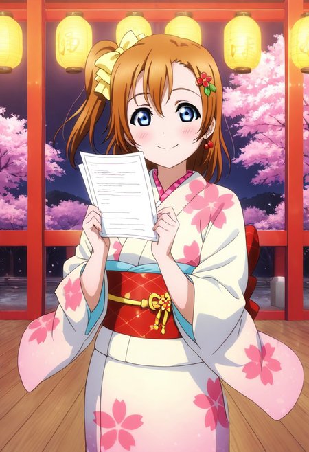 masterpiece, best quality, solo, 1girl, aged up, happy,
 honoka_kousaka, kousaka_honoka, blue eyes, brown hair, orange hair, one side up, short hair, hair bow, yellow bow, traditional Japanese idol outfit, modern kimono style, floral print, obi belt, cherry blossom hair ornament, stage at a shrine festival, paper lanterns, gentle spring breeze, soft lighting, nostalgic and heartfelt performance