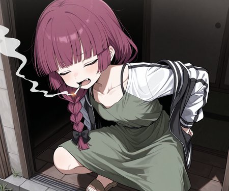 masterpiece, best quality, amazing quality,  1girl, solo,   smoking, , <lora:Uwata_h ILXL:1> Uwata_h,   <lora:kikuri-hiroi-s1-ponyxl-lora-nochekaiser:0.6> kikuri hiroi, black bow, blunt bangs, braid, closed eyes, purple eyes, fang, hair bow, hair over shoulder, long hair, purple hair, sidelocks, single braid, fangs, black jacket, brown footwear, collarbone, dress, green dress, jacket, long sleeves, open clothes, open jacket, raglan sleeves, sandals, white sleeves,