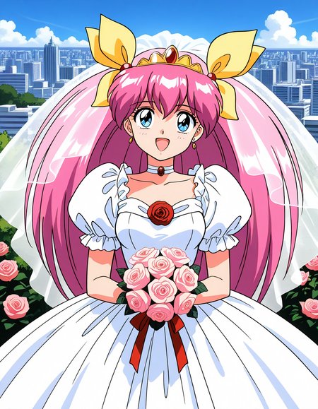 general,highres, ultra-detailed,very aesthetic,best quality ,best hands,  BREAK <lora:Hanasaki_Momoko_IS:1>Hanasaki_Momoko, 1girl,solo, long hair, pink hair, blue eyes, yellow bow, breasts, a, hair bow, twintails, very long hair, hair ribbon, 1990s (style),anime coloring, smile,looking at viewer, cowboy_Shot,
solo, flower, dress, bouquet,  bow, wedding dress, choker, rose, jewelry, tiara, earrings, smile, 
puffy sleeves, open mouth, white dress, veil, short sleeves, happy, puffy short sleeves, ribbon, bride, frills, :d, holding, bridal veil, pink bow,  looking at viewer
outdoor, day, sky, city,