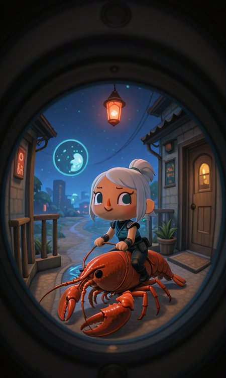 embedding:IllusP0s, animal crossing style, 3d, pov peephole, riding lobster, fisheye, jett_\(valorant\), outdoors, night<lora:animal crossing style_3d_ill.safetensors:1.0:1.0> <lora:pov peephole_riding lobster_fisheye_illustrious.safetensors:1:1>