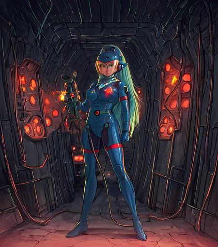 orbiting control pod above a dying planet, 1girl as alien princess with glimmering bodysuit, glowing red and blue analog interfaces, 1980s sci-fi pulp cover style with vibrant grain, cracks in her visor and ambient sparks, retro sci-fi control room, ultra-detailed, cinematic lighting, 4K render