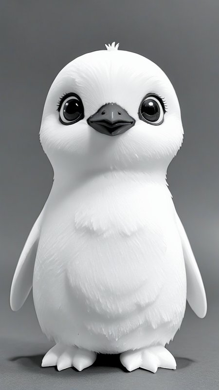 <lora:3DPrintingXL:1>,whitemold,3d printed mold,art style,greyscale,monochrome, 1girl, solo, baby penguin, small flippers, big eyes, waddle stance, soft and round, fluffy texture
