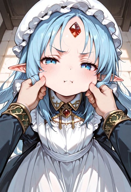 masterpiece, best quality, good quality, very awa, very aesthetic, absurdres, newest, gr4ph1t3, beautiful eyes, perfect eyes, detailed eyes, 1girl, solo, eset_kalar_il ,pointy ears,blue hair,long hair,blue eyes,red gem forehead,, Victorian style maid clothes, full sleeves, long apron, classic, maid mob cap, beautiful eyes, looking at viewer,cute girl,reaching towards viewer,blush,pov,annoyed,half closed eyes,cheeks pinching,from above,face focus,puffy cheeks