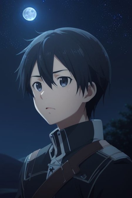 high resolution, solo, best quality, 1Boy, Kazuto Kirigaya, portraits, Black Hair, Black Eyes, open space, night sky, moon, OverallDetail