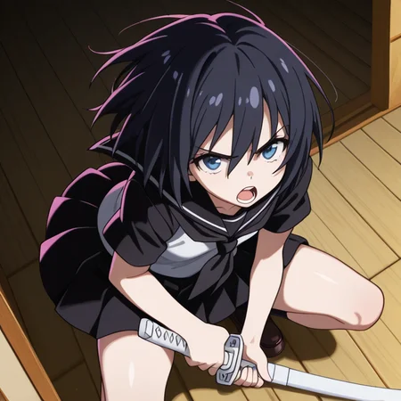 <lora:IL_Yamoto_Koki:1>,nin_sly_k,1girl,solo,Yamoto Koki,short hair,black hair,blue eyes,
legs apart,squatting,floating skirt,disheveled hair,floating hair,serafuku,
katana,unsheathing,looking at viewer,looking up,upturned eyes,glaring at,open mouth,, masterpiece,best quality,amazing quality,very aesthetic,absurdres,