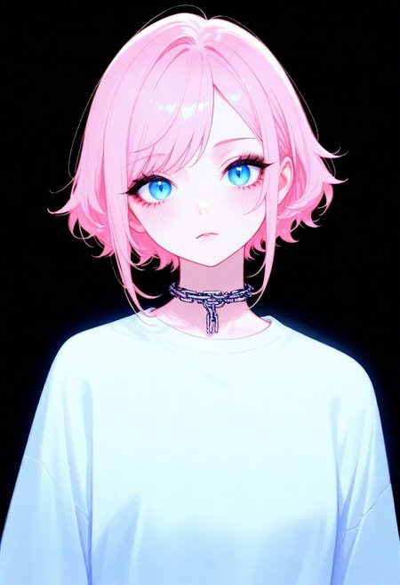 1girl, general, 
(head back:0.8),
short hair, sidelocks, pink hair, swept bangs, 
black eyeshadow, long eyelashes, 
blue eyes, looking at viewer, (slit pupils:0.6), dilated pupils, 
light blush, expressionless, 
chain choker, 
small breasts, white shirt, oversized clothes, 
upper body,
black background,
best quality, very awa, highres, newest