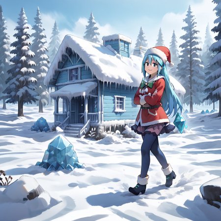 best quality, highres, high resolution, score_9, score_8_up, score_7_up, score_6_up, score_5_up, score_4_up, 1 female, aqua is wearing Santa outfit, her outfit is made of snow crystals,  (Aqua_(Konosuba):1), fr0stwrld, snow, ice, <lora:Fr0stWrld-v10:1.2> , <lora:Aqua Pony:1> ,full body, front yard of a house in snow forest, snow background, standing , anime pose, happiness face