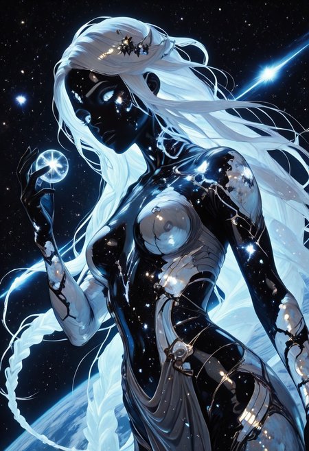 highres, very detailed, amazing quality, masterpiece,
very aesthetic, sp4ce-g0dd3ss
particle effect,
1girl, solo, beautiful eyes, goddess, goddes of constellations, black skin, sparkly skin, glitter on skin, iridescent hair, glowing hair, very long braids, strong face, solo, eyes with galaxies, cosmos eyes, Covered in Tattoos, geometric tattoos, white tattoos, small breasts, curvy, grey robe with pearlescent trim, 
BREAK, 
greek theme, goddess theme, universe theme, 
looking at hand, extends hand,  (planet in hand, miniature planet in hand), tough pose, foreshortening, dutch angle,
loving, content, tender, 
in cosmos, universe, endless stars around her, galaxies, comets, nebulae
