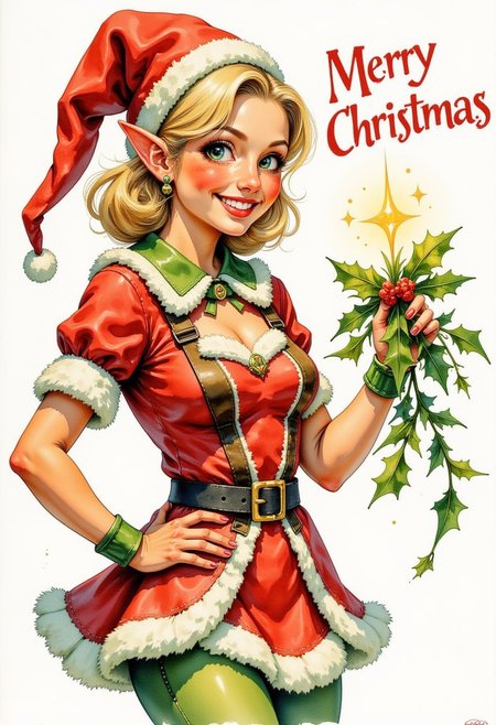 pinkretrochristmaswatercolor, 
A festive elf woman with pointed ears, wearing a playful green and red outfit, holding glowing mistletoe, with text "Merry Christmas" sparkling above her.