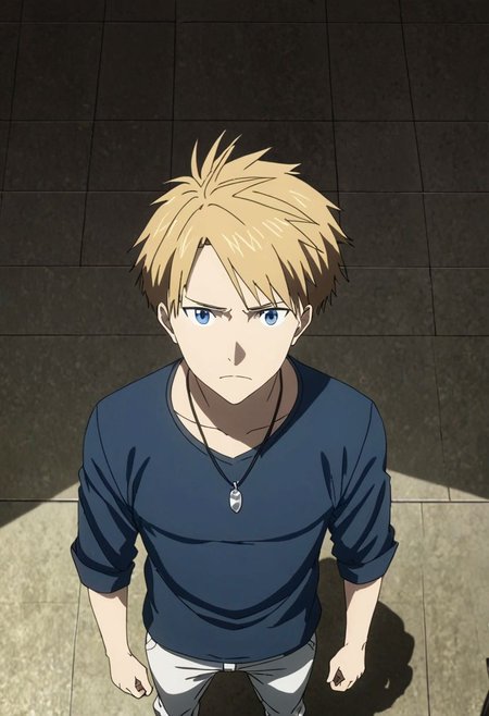 high resolution, professional photography, best quality, 1Boy, Yamato Ishida, blond hair, deep blue eyes, necklace, standing, straight facing upwards, casual, seen from above, arrogant face, dominant, intimidate, OverallDetail