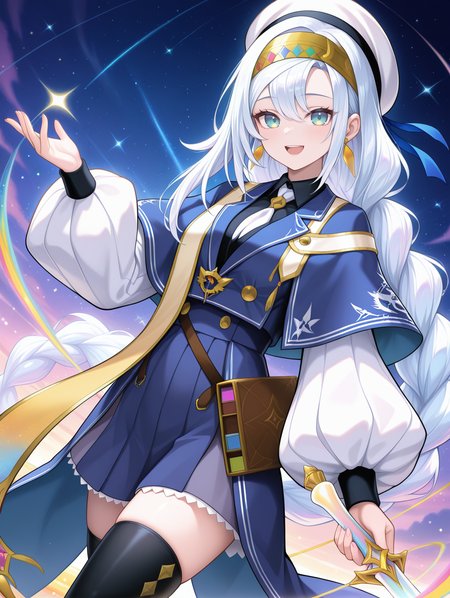 artmegia finemelt, 1girl, solo, smile, looking at viewer, open mouth, sword, holding sword, :d, puffy long sleeves, blue dress, black collared shirt, blue capelet, white beret, gold hairband, reverse grip, black thighhighs, gold earrings, white necktie, gold sash,
masterpiece,best quality,amazing quality,very aesthetic,absurdres,newest,<lora:Artmegia finemelt illusXL v1.3:0.75>,