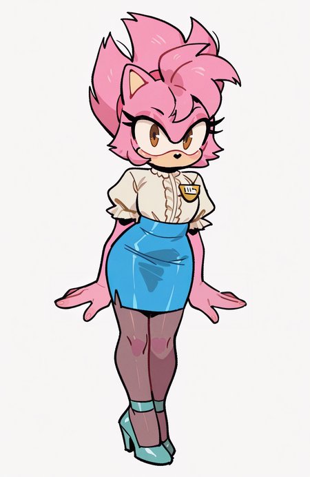 1girl, solo, <lora:knuxze:1> knuxze,
<lora:AmyTekno:0.8> fleet-amy, spiked hair, pink fur, brown eyes, office hostess uniform, frilled blouse, a-line skirt, pantyhose, heels, name tag, extremely detailed, highres, masterpiece, best quality