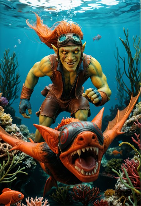 <lora:batrider_v1:0.8> batrider_v1
1boy, yellow skin, green skin, green legs, green face,
pointy ears,
colored skin,
teeth, sharp teeth,
orange hair,
yellow eye, scar on eye,
gloves, goggles, goggles on head,  brown long shorts
 riding a bat, , bat, score_9, score_8_up, score_7_up, score_6_up, derpibooru_p_95,
detailed eyes, beautiful, detailed background, perfect eyes,
blur censor, blurry, blurry background, blurry foreground, bokeh, motion blur,
chromatic aberration, depth of field, figure, focused,  focus
photography, realistic sun light and shadows, photorealism, UHD --ar 9:16 --style raw --stylize 700,
solo,
((underwater)), fish, kelp, seaweed, algae,, dynamic dutch angle,(dynamic pose)