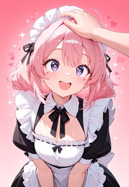 masterwork, masterpiece, best quality, hyper-detailed, 8k uhd, 1girl,solo, CivChan, pink hair, purple eyes, maid, (hearts, sparkles:1.5), pink background, :D, quality: masterpiece, extremely aesthetic, highly detailed, headpat