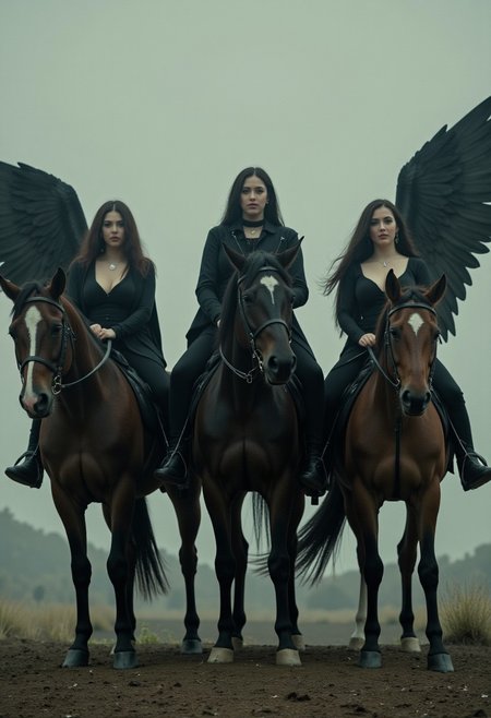 four beautiful women on horses representing the four horsemen of the apocalypse. A dystopian scene as the women ride the horses, dark angelic women,