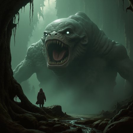 detailed atmospheric dark fantasy classical-style painting, (dramatic scene:1.1), (fractal art:0.1), cinematic film still, dynamic angle, this (miraculous:1.2) and (esoteric:1.3) abomination, the "rattling necrosmoggler", with its form ever twisting and contorting in unnatural ways, stalks the dense (fog-shrouded jungles:1.2) of planet "grummelhome iv" in the cover of its gigantic primordial flora and eerie sylvified robgoffler