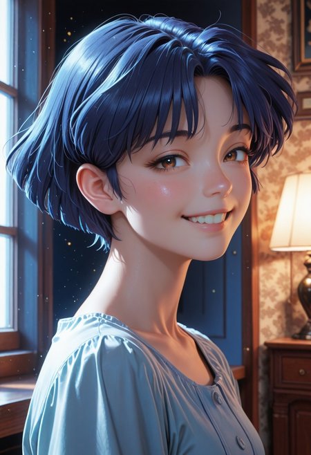 HDR, 8K, high contrast, masterpiece, best quality, amazing quality, very aesthetic, high resolution, ultra-detailed, absurdres, newest, scenery, chiaroscuro, 1girl, solo,akane_tendou, short_hair, blue_hair, brown_eyes, cute smile,  teeth, closed eyes, , dim lighting ,looking back at viewer, dark room, face focus, head shot BREAK, beautiful detailed eyes, detailed skin, detailed hair, photorealistic, volumetric lighting, dappled light, light particles, dramatic shadows, cinematic lighting, photo background, <lora:ponyxl\cfg_scale_boost:0.7> h4v_h0l0,