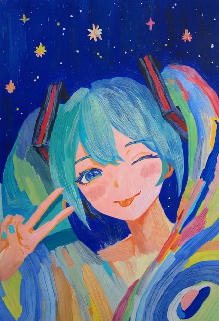 painterly, hatsune miku, artist:[van gogh|monet|renoir],
1girl, starry sky, colorful, night, swirl, v, upper body, one eye closed, tongue out, 
newest, impasto, brushstroke, impressionism, oil painting \(medium\), newest, absurdres, masterpiece, very aesthetic
