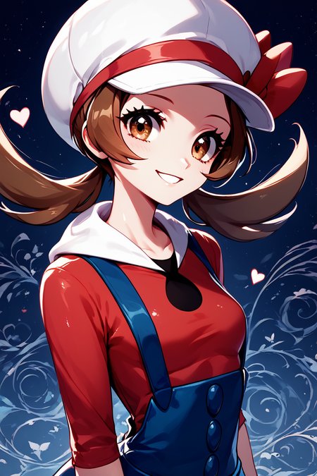 score_9, score_8_up, score_8, medium breasts, (curvy), cute, eyelashes,       BREAK, , ,,, zzLyra, brown eyes, brown hair, twintails, long hair, white cabbie hat, red hat bow, red shirt, blue overalls, <lora:Lyra_Pokemon_PDXL:1.0>, ,,,, BREAK, ,,, upper body, smile, looking at viewer, ,,, shiny skin, <lora:ProAnime_PDXL_v1:0.8>, night, soft shadows, moonlight reflecting off skin, whisper of wind, ,,, embedding:zPDXL, Expressiveh, <lora:SDXLFaeTastic2400:0.5>, <lora:Expressive_H-000001:0.4>,