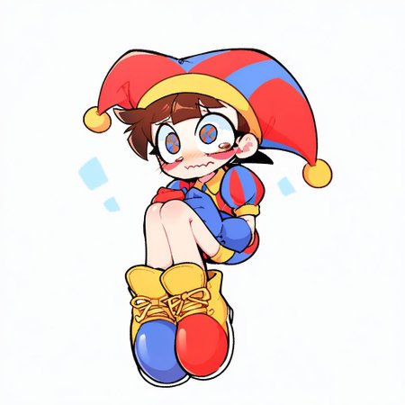 score_9, score_8_up, score_7_up, BREAK pomni, colored skin, blush stickers, wavy mouth, scared, jester cap, striped clothes, puffy short sleeves, arms outstretched, mismatched gloves, puffy shorts, powerpuff, airborne, floating, is falling down, (((fetal position))), hugging own legs, knees up, head tilt, blank background,