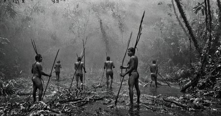 black and white photograph of few indigenous people hunting with spears and sticks in the amazonian rain forest, insane details, dramatic lights, high definition, 35mm camera, film photography style, heavy grain, ral-chrosc-bw, masterpiece, national geographic style, strong vignette, high contrast