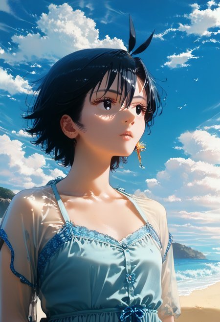score_9, score_8_up, score_7_up, score_6_up, source_anime, <lora:Worldly_XL:1.25> <lora:AIU 0.3v:1.1> detailerlora, sunlight, ocean, waves, (open sky:2), clouds, nature, 1girl, solo, Kikuchi Makoto is enjoying summer holidays weather on the beach, cowboy shot, 3/4 shot, <lora:KikuchiMakoto_pony_v1:0.9> kkcmkt, short hair, black hair, antenna hair, hair between eyes, black eyes, flat chest, small breasts, summer clothes, beachwear, swimwear, Score_PnyReal, <lora:StS_PonyXL_Detail_Slider_v1.2:5>