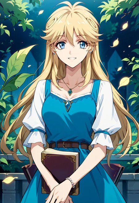 score_9_up, score_8_up, score_7_up, source_anime, LEAO EVERLASTING (2020), 
1girl, solo, long hair, smile, blue eyes, blonde hair, dress, jewelry, book, pendant