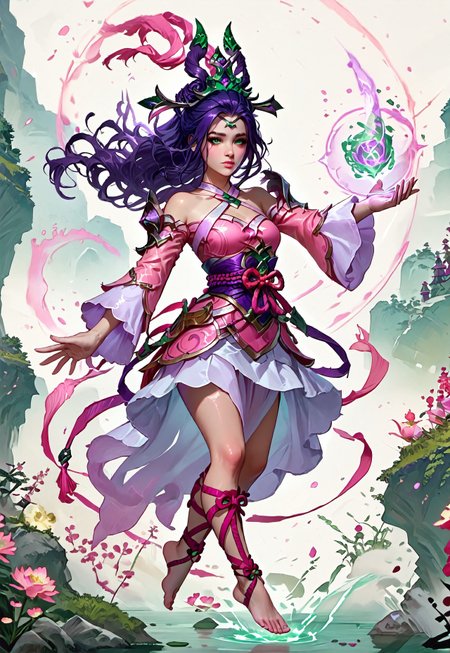 ((zPDXL3)), ((masterpiece,best quality, highly detailed)), ((score_9)), score_8_up, score_7_up, score_6_up, score_5_up, score_4_up, Digital painting style, brushstrokes, ((EnhanceImage)), solo, 1girl, JannaSSPXL, green eyes, purple hair, long hair, hair ornament, forehead, medium breasts, bare shoulders, pink dress, detached sleeves, long sleeves, purple sash, pink ribbon, white skirt, leg ribbon, barefoot,
Expressiveh, 30yo, adult lustful confident woman, petite, slender body, perky saggy natural breasts, full lips, bangs, sidelocks, straps,
chinese magical sorceress, animated, swirling magic, wisps of magic, dancing pose, tight squeezed outfit, magical accessories, evoking motion, conveying motion, dynamic splash art, 
<lora:PainterlyFantasiaPDXL:0.6>,