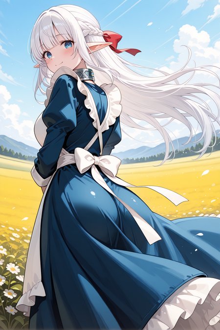 masterpiece, best quality, very aesthetic, absurdres, ultra-detailed, highly detailed, cowboy shot, shiny skin,  wind,  from below, blush, from behind, looking back, (long dress:1.2)
meadow,  wind, outdoors, smile, looking at viewer, standing, outdoors,
<lora:Nephelia-08:1> nephelia, 1girl, long hair, white hair, braid, pointy ears, french braid, elf, blue eyes, ribbon, apron, sidelocks, dress, bow, hair ribbon, maid, hair bow, frills, blunt bangs, blue dress, white apron, collar, red bow, metal collar,
 <lora:illustrious_noobai_epsilon_pred_11_very_aesthetic_v1_1029791:1> 
 (lazypos:0.7)