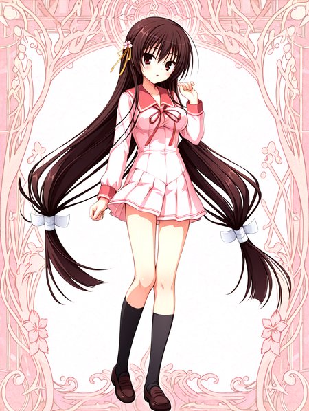 <lora:sakuyahime-tenshin-000009:1>,il-unohana-sakuya,1girl,schoolkamiseara,red eyes,school uniform,brown hair,(red thin neck_ribbon),solo,pink serafuku,red sailor collar,very long hair,sakura flower yellow hair ribbon,black socks,pleated skirt,brown loafers,
<lora:add-detail-xl:1>,<lora:ponyv4_noob1_2_adamW-000017:0.8>,wear clothes,