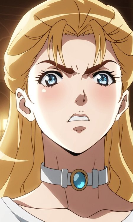 j0j0, score_8_up, score_7_up, source_manga, rating_explicit, <lora:j0j0XLP:0.4>, er1n4a, girl, blonde hair, big blue eyes, long hair, jewelled choker, angry expression, mouth closed, close up, in the livingroom of a mansion, sun shines through the window, old 18th century furniture <lora:JoJos_Bizarre_Adventure_Erina_Pendleton_-_Pony:0.8> ,