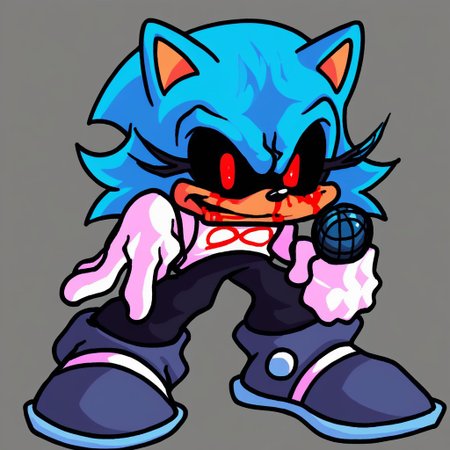 1girl, solo, score_9, score_8_up, score_7_up, score_6_up, volumetric lighting, NEGATIVE_HANDS, fnf, LordX_EXE, red eyes, gloves, 1boy, animal ears, blue hair, shoes, socks, white gloves, blood, spiked hair, furry, blood on face, furry male, body fur, animal nose, blood from eyes, sonic the hedgehog, black sclera, colored sclera, dark features, grey shoes, ((hold microphone)), grey background, ((full body)), white long socks, white shoes, ((solo))