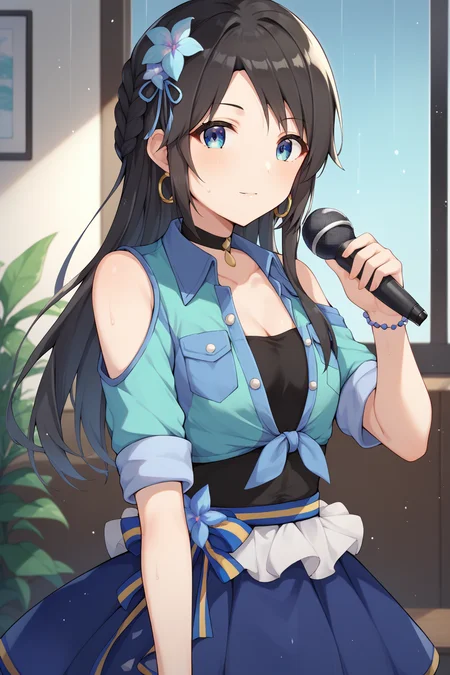 score_9, score_8_up, score_7_up, source_anime,  <lora:mitsumine_yuika_XL:0.9>, yuikamitsumine, 1girl, solo, black hair, long hair, braid, hair ribbon, blue ribbon, hair flower, blue flower, blue eyes, small breasts, cleavage, blue jacket, aqua jacket, two-tone jacket, cropped jacket, tied jacket, sleeve rolled up, shoulder cutout, clothing cutout, black shirt, strapless shirt, frills, blue bow, yellow bow, two-tone bow, waist bow, blue skirt, hoop skirt, neck flower, black choker, pearl, pearl earrings, microphone, holding microphone, looking at viewer, indoors, rain, window, cowboy shot