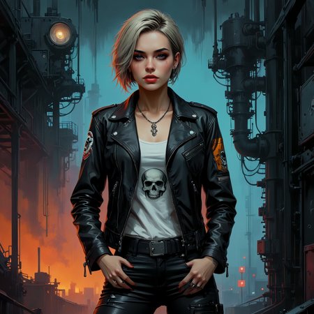 An atmospheric painting. Industrial chic. 

A cyberpunk woman wearing a leather jacket with a skull patch on the shoulder.

<lora:PopArt01a_CE_XL_300-OT:0.6> popartCE_style