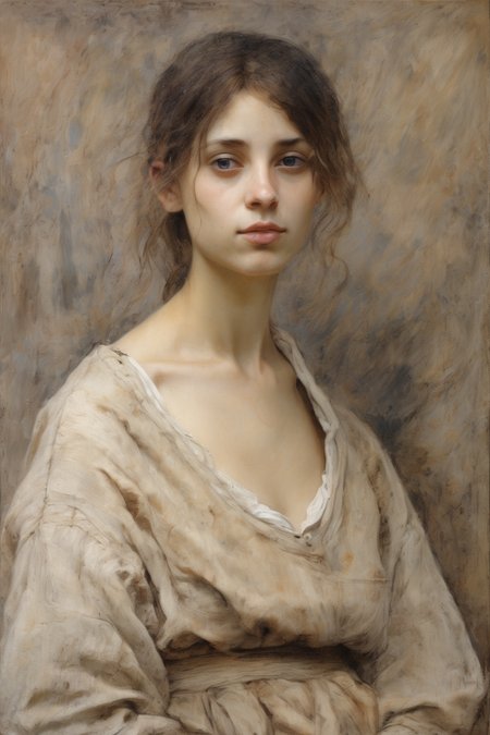 Jules Bastien-Lepage Style - Evoke a sense of nostalgia with a weathered 15th century painting of a french woman, bathed in pale earthy color palette and worn beige. Embrace a romantic style, employing techniques such as scumbling and sfumato to create soft transitions and atmospheric effects. Paint on a linen canvas with a visible weave, adding a tactile element to the artwork. Seek inspiration from the works of J.M.W. Turner and Caspar David Friedrich, incorporating their mastery of light, mood, and the sublime.