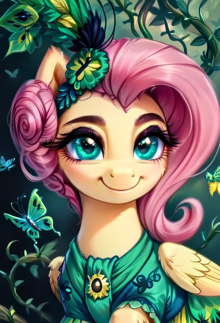 masterpiece, score_9, score_8_up, score_7_up, score_6_up, (best quality:1.1), ultra-detailed, high resolution, (solo), (1WOMAN), (FERAL PONY), (PEGASUS PONY), (FLUTTERSHY) ((light pink hair:1.4)), (highly detailed hair:1.4), (green feather hair accessory:1.4), (highly detailed pony face:1.5), (beautiful detailed turquoise eyes:1.5), (soft smile:1.5), (wide cute innocent eyes:1.5), (long lashes eyelashes:1.5), (detailed pony nuzzle:1.5), (detailed pony ears:1.5), (light yellow shiny skin:1.5),(green peacock feather dress:1.5), (detailed hooves:1.5), (green feather peacock background:1.5), (green butterflies background:1.5), (green vine leafs framing the image:1.5), (green feathers all around:1.4), (dynamic pose:1.5), (green lighting:1.5), high quality, sharp, the quality of ai art is frightening, highly detailed, Highly Visible, sharp focus, high detail, detailed background