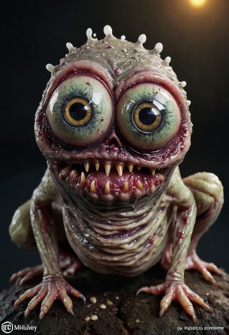 score_9, score_8_up, score_7_up, score_6_up, score_5_up, BREAK, A grotesque zombie that is gooey and slimy but has very cute eyes.realistic with an infestation of small slug creatures.  cute eyes with eyelashes and ring lighting.