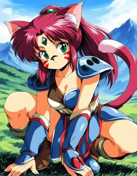 score_9, score_8_up, score_7_up, source_anime, rating_explicit, BREAK  <lora:Ryuquir_XL:1> Ryuquir, animal ears, tail, cat ears, facial mark, cat tail, green eyes, ponytail, red hair, long hair, pink hair, cat girl, breasts, forehead jewel, green jewel,
mountain, sky,
 shoulder armor, solo, weapon, retro artstyle, armor, pauldrons, furry female, knife, furry, brown hair, grass, dagger, boots, looking at viewer, outdoors, fingernails, squatting, 1990s (style), shoulder pads, purple hair