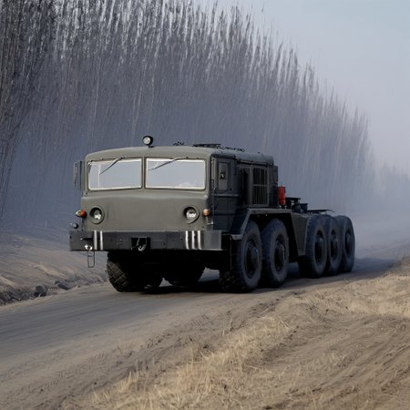 MAZ-537 Drives through the black bush, without raising a cloud of black dust, a large body behind the cabin.
side view