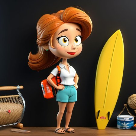 Black background, Beach girl in board shorts with surf board and  fishing gear, ((top quality,8k wallpaper)),(masterpiece,best quality:1.2),(high_resolution:1.2), black background, cartoon beach people, fishing, funny