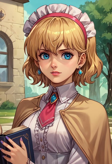 score_9, score_8_up, score_7_up, source_anime,
, (best quality) , (highly detailed) ,masterpiece ,absurdres ,detailed face ,beautiful face ,
<lora:pony_xl_Hildegard:0.8>,Hildegard,score_9,score_8_up,1girl,female,kawaii,solo,short hair,earrings blond hair, wavy hair
  capelet, 1girl, bangs, blue_dress, book, dress, hand_up, lolita_hairband, looking_at_viewer, necktie, pink_hairband, pink_necktie, white_capelet, grimoire_of_alice, holding, holding_book, parted_lips, pink_ribbon, blue_nails, blurry, nail_polish, ribbon, sash, upper_body
best quality, masterpiece, very aesthetic, ,,(portrait, upper body),
OverallDetail