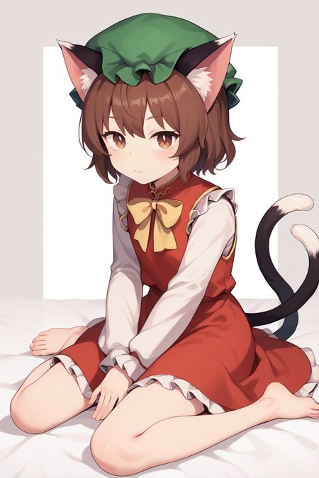 score_9, score_8_up, score_8, score_9, 1 girl,  source_anime, <lora:chen_pony-10:1>, chen, brown hair, brown eyes, cat ears, red dress, long sleeves,  green hat, mob cap, two tails, flat chest, white_sleeves, yellow ribbon, frills,  <lora:deadflow_v2:0.8>, sitting, feet, barefoot