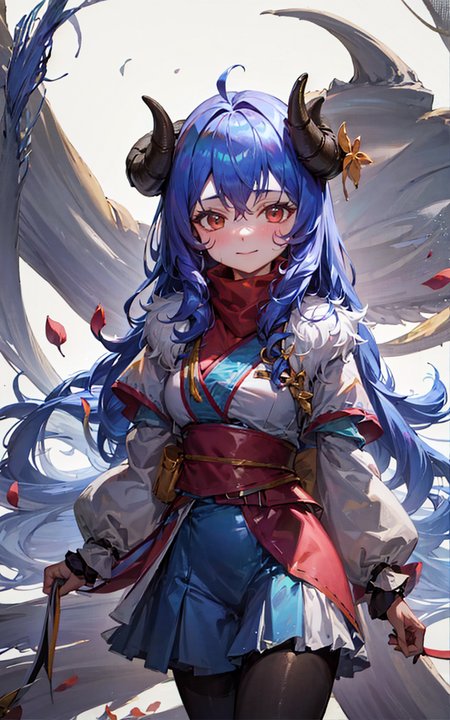 ink:1.3,masterpiece,1girl,solo, <lora:KindredSV1-000006:1>,blue hair, horns,standing,cherry blossom, (wolf:1.2),mask, falling petals, light smile, closed mouth,