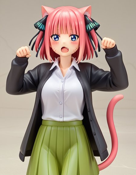 score_9, score_8_up, score_7_up, source_anime,
ninonakano, <lora:nino-nakano-s2-ponyxl-lora-nochekaiser:0.5>, 
nino nakano, short hair, bangs, blue eyes, hair ornament, hair ribbon, pink hair, blunt bangs, two side up, butterfly hair ornament, mature female,
skirt, shirt, long sleeves, white shirt, pleated skirt, open clothes, collared shirt, sleeves past wrists, dress shirt, cardigan, green skirt, open cardigan, black cardigan,
<lora:alter-figurines-ponyxl-lora-nochekaiser:1>, alter figurine, 1girl, blush, solo, <lora:paw-pose-ponyxl-lora-nochekaiser:0.5>, paw pose, cat ears, cat tail, animal ears, tail, cat girl, open mouth, fang, whiskers,