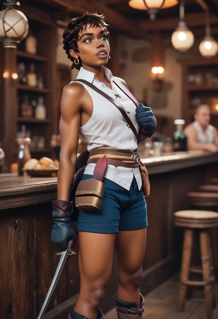 score_9_up, score_8_up, score_7_up, score_6_up, (realistic, photography) dynamic view, female, 1girl,  BREAK, 
m1nt,
(brown hair, very short hair, braid, freckles, dark skin, dark-skinned female, blue eyes, tomboy,
gloves, earings, jewelry, shirt, shorts, sleeveless, ankle boots, belt,)
BREAK,
standing, happy, tavern,