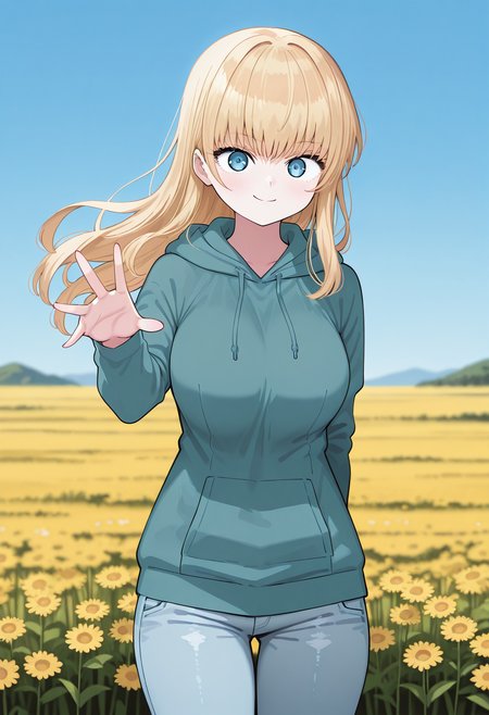 _shia, blue eyes, blonde hair, long hair, hoodie, hood, jeans, <lora:hoshino_shia_illustrious_ver1:0.8>
smile,, masterpiece, best quality, general,, 1girl, solo, (field:1.2), (blue sky:1.2), looking at viewer,, (cowboy shot, dynamic pose:1.4),