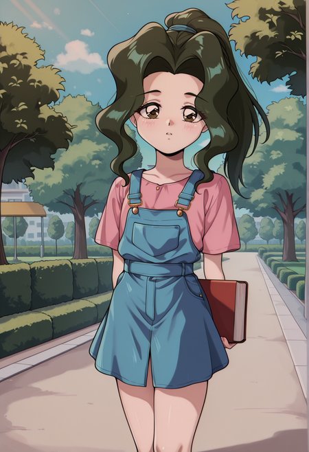 1girl, retro artstyle, 1990s \(style\), long hair, black hair, curly hair, sidelocks, ponytail, Brown eyes, overalls, skirt, flat chest, holding book, outdoors, park, looking at viewer, expresionless <lora:Jungle_de_Ikou_illus:1>, masterpiece, best quality, amazing quality, very aesthetic, absurdres, highres, newest