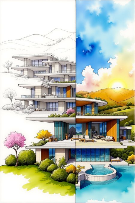 <lora:Watercolor_sketch_v.1:0.85> Watercolorsketch style. A split-composition artwork highlighting the transformation of an architectural idea into a tangible masterpiece. The left side represents the sketch phase, rendered in soft pencil and ink, showing the villaâs intricate structure, a spiraling design motif, and measured proportions. The right side transitions into the finished villa, vibrant and dynamic, with warm sunlight bathing the modern structure. Highlight details such as the wooden paneling, glass walls, cascading greenery, and a pristine pool that incorporates the golden spiral design. The background features rolling meadows, blossoming shrubs, and softly lit trees, enhancing the tranquility and balance of the scene.